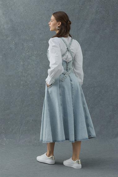 Kar Yıkama Midi Boy Bantlı Kot Elbise