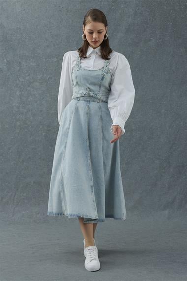 Kar Yıkama Midi Boy Bantlı Kot Elbise