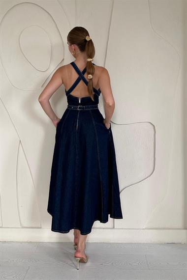 Mavi Midi Boy Bantlı Kot Elbise