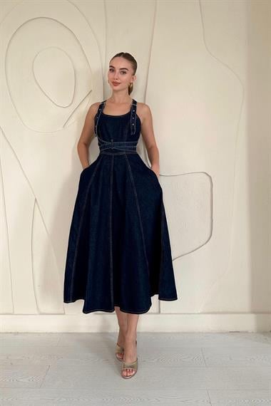 Mavi Midi Boy Bantlı Kot Elbise