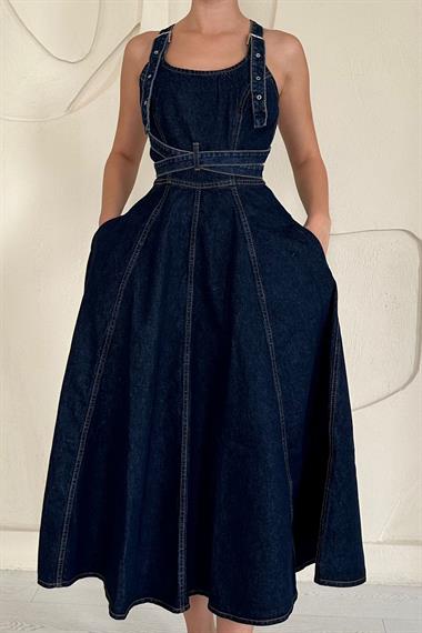 Mavi Midi Boy Bantlı Kot Elbise