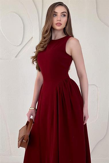 Bordo Midi Boy Basic Keten Elbise
