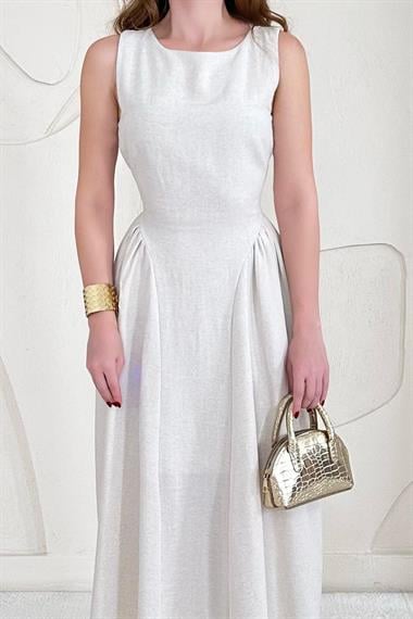 Bej Midi Boy Basic Keten Elbise