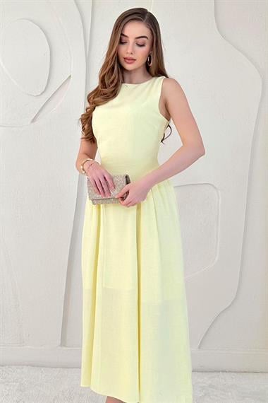 Sarı Midi Boy Basic Keten Elbise