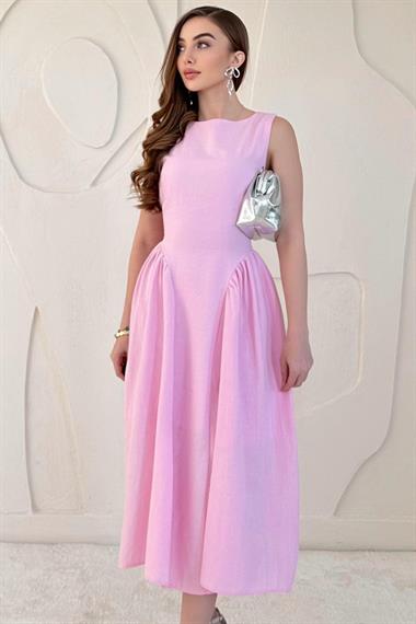 Pembe Midi Boy Basic Keten Elbise