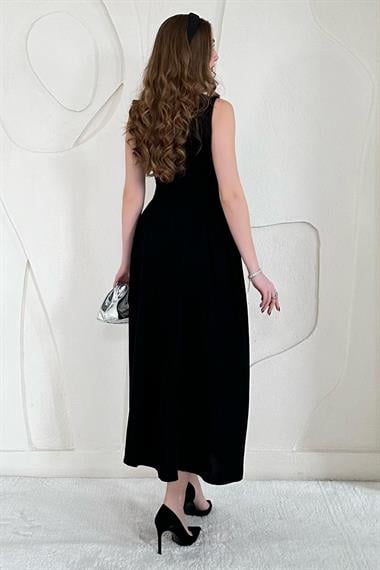 Siyah Midi Boy Basic Keten Elbise