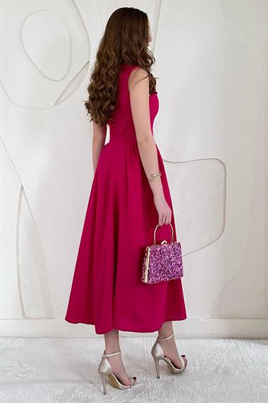 Fuşya Midi Boy Basic Keten Elbise