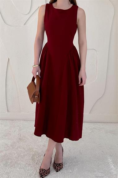 Bordo Midi Boy Basic Keten Elbise