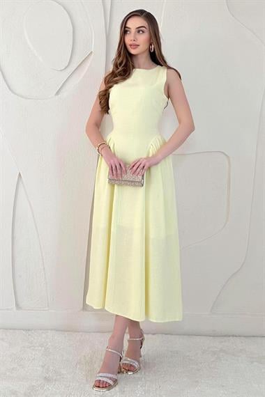 Sarı Midi Boy Basic Keten Elbise