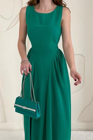 Yeşil Midi Boy Basic Keten Elbise