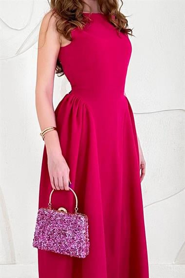 Fuşya Midi Boy Basic Keten Elbise
