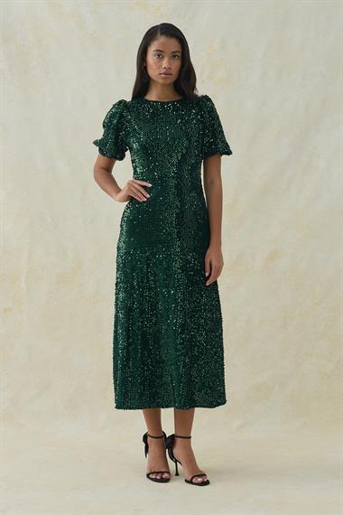 Zümrüt Midi Boy Pul Payet Elbise