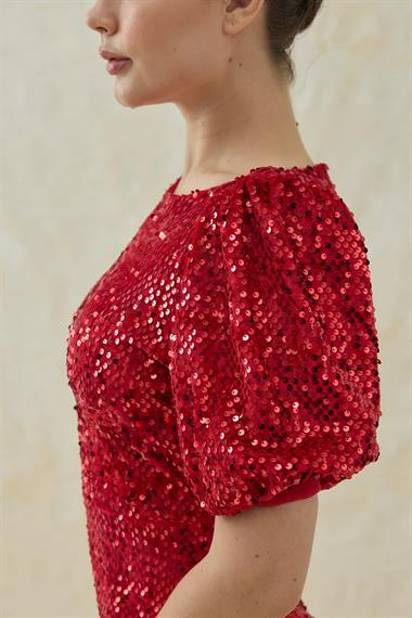 Kırmızı Midi Boy Pul Payet Elbise