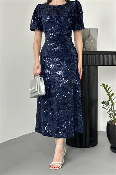 Lacivert Midi Boy Pul Payet Elbise