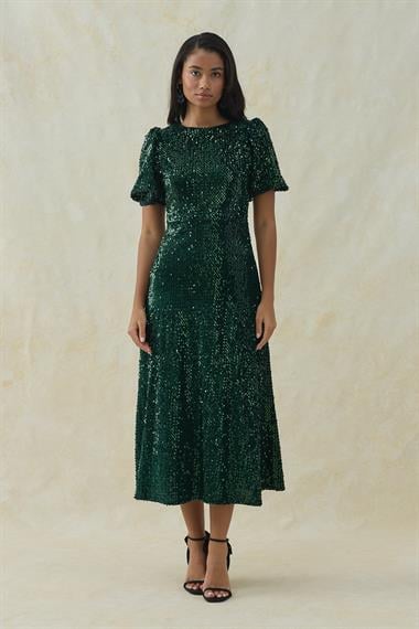 Zümrüt Midi Boy Pul Payet Elbise