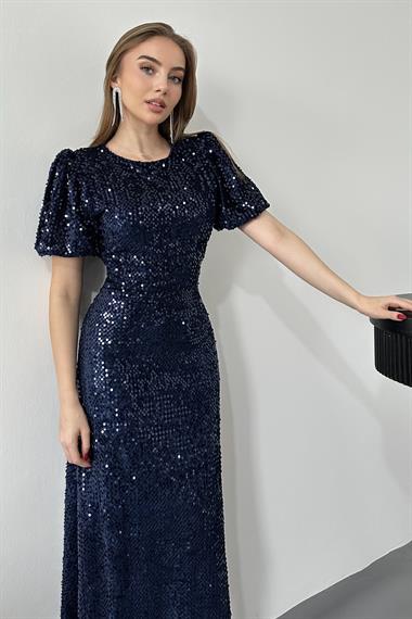 Lacivert Midi Boy Pul Payet Elbise