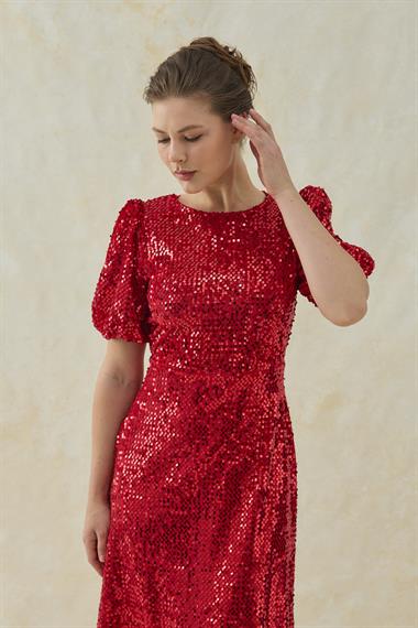 Kırmızı Midi Boy Pul Payet Elbise