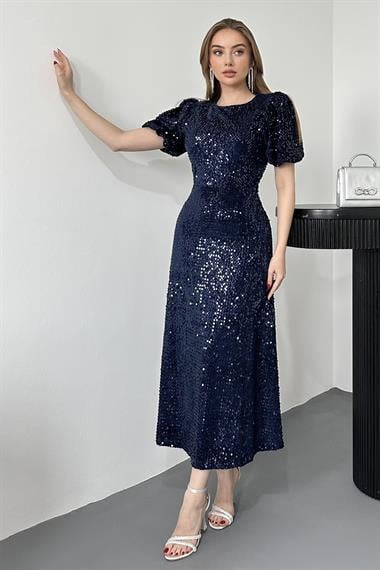 Lacivert Midi Boy Pul Payet Elbise