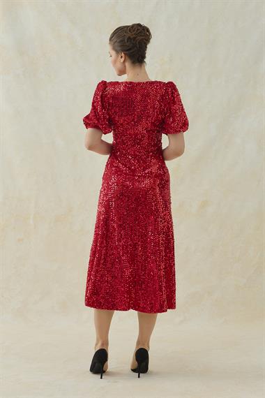 Kırmızı Midi Boy Pul Payet Elbise