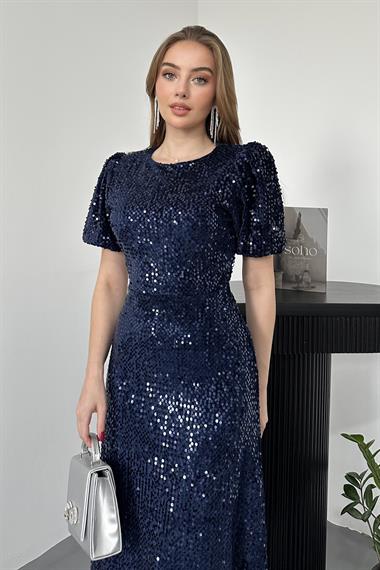 Lacivert Midi Boy Pul Payet Elbise