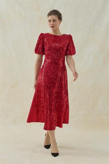 Kırmızı Midi Boy Pul Payet Elbise