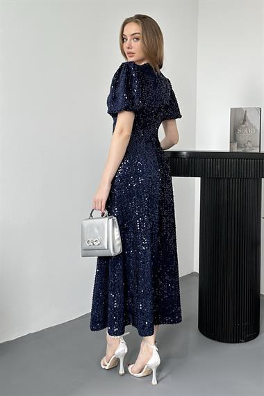 Lacivert Midi Boy Pul Payet Elbise