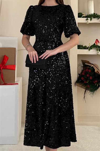 Siyah Midi Boy Pul Payet Elbise