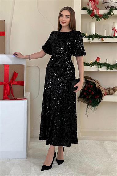 Siyah Midi Boy Pul Payet Elbise