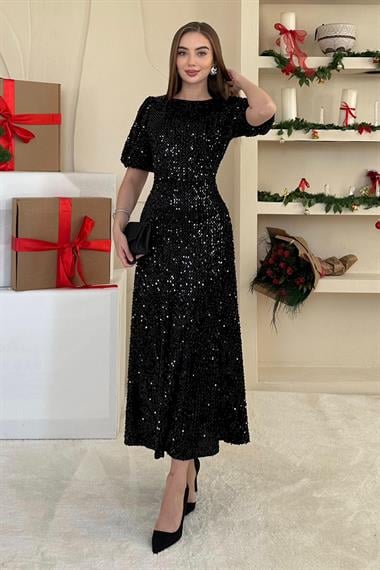 Siyah Midi Boy Pul Payet Elbise