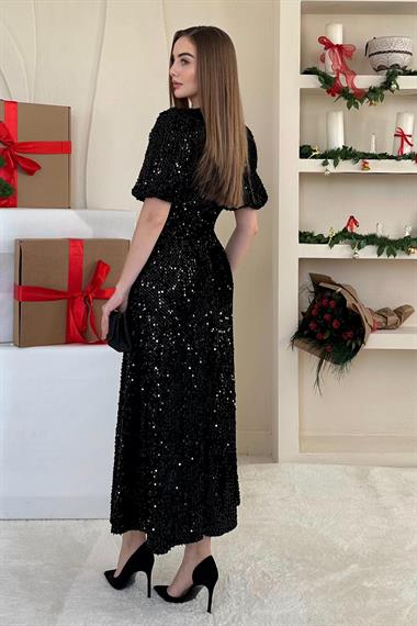 Siyah Midi Boy Pul Payet Elbise