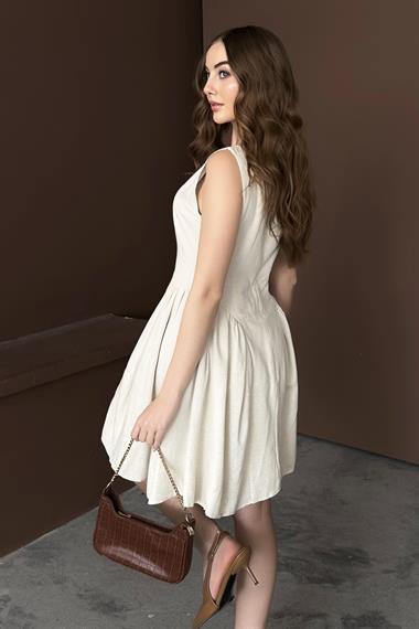 Mini Boy Büzgülü Keten Elbise