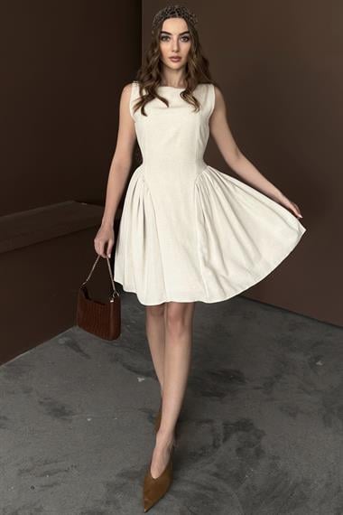 Mini Boy Büzgülü Keten Elbise