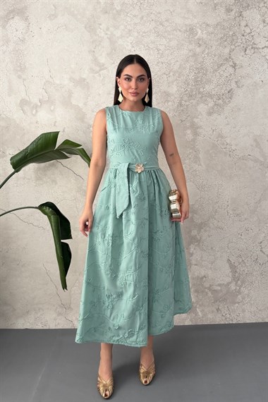 Mint Beli Büzgülü Kuşaklı Elbise