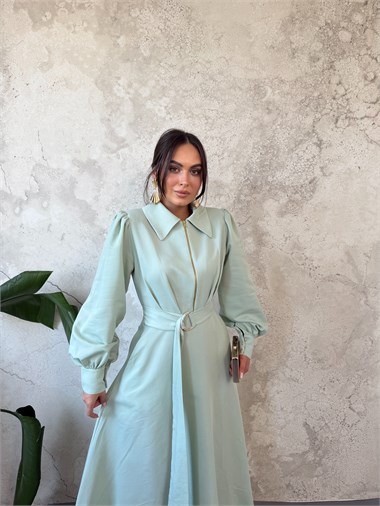 Mint Pileli Önden Fermuarlı Elbise