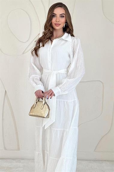 Ekru Modal Jakar Çizgili Uzun Elbise