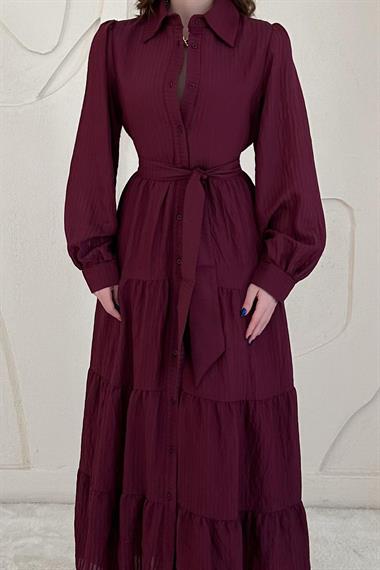 Bordo Modal Jakar Çizgili Uzun Elbise