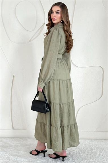 Yeşil Modal Jakar Çizgili Uzun Elbise