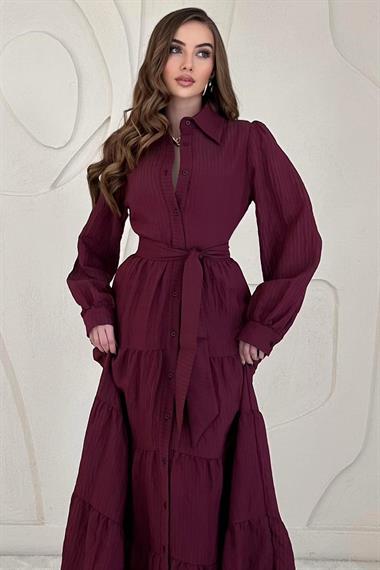 Bordo Modal Jakar Çizgili Uzun Elbise