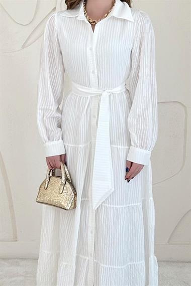 Ekru Modal Jakar Çizgili Uzun Elbise