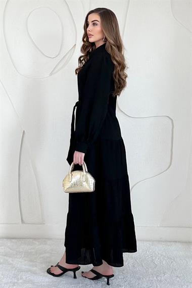 Siyah Modal Jakar Çizgili Uzun Elbise