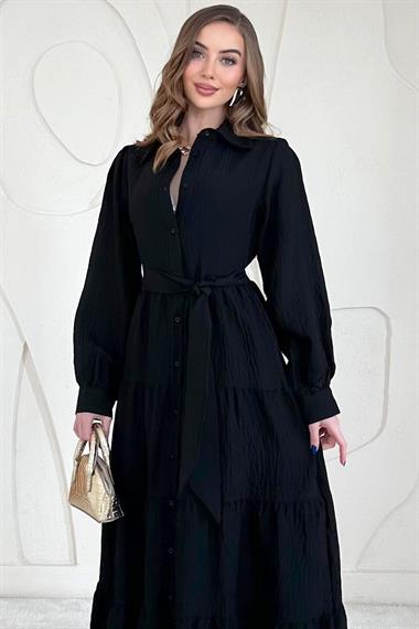 Siyah Modal Jakar Çizgili Uzun Elbise