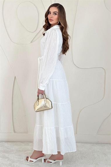 Ekru Modal Jakar Çizgili Uzun Elbise