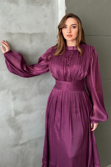 Mor Bel Büzgülü Elbise