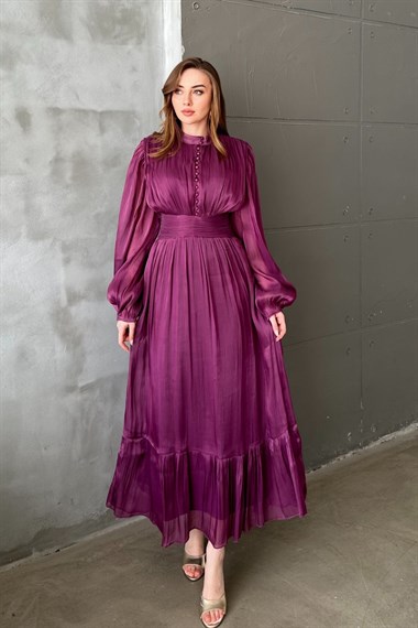 Mor Bel Büzgülü Elbise
