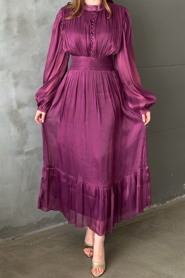 Mor Bel Büzgülü Elbise