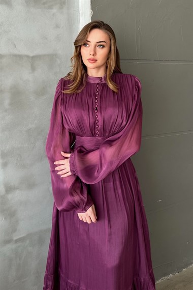 Mor Bel Büzgülü Elbise