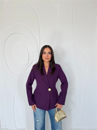 Mor Gold Düğme Detaylı Belden Oturtmalı Blazer Ceket