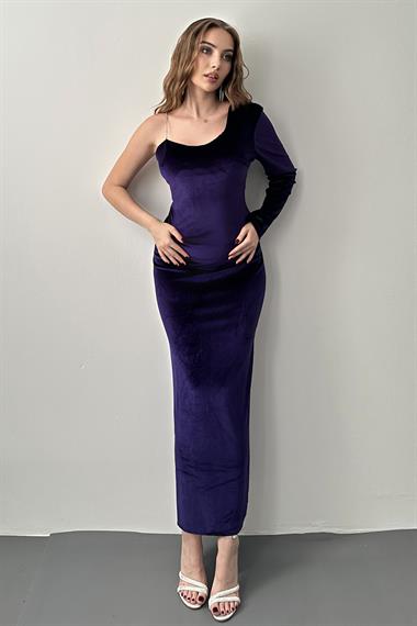 Mor Tek Omuzlu Taş Askılı Elbise