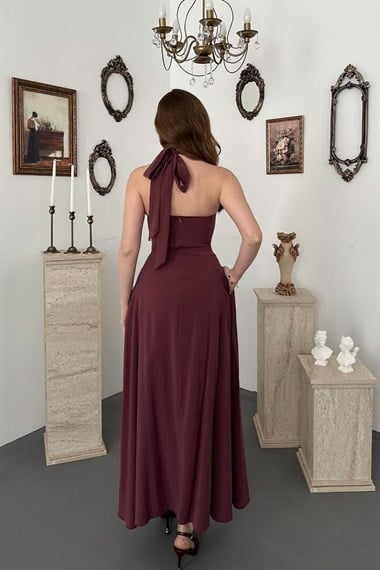 Mürdüm Boynundan Bağlamalı Elbise