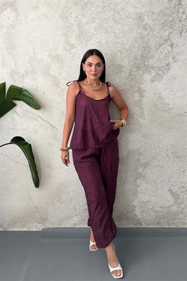 Mürdüm Boyundan Bağlamalı Bluz Pantolon Takım